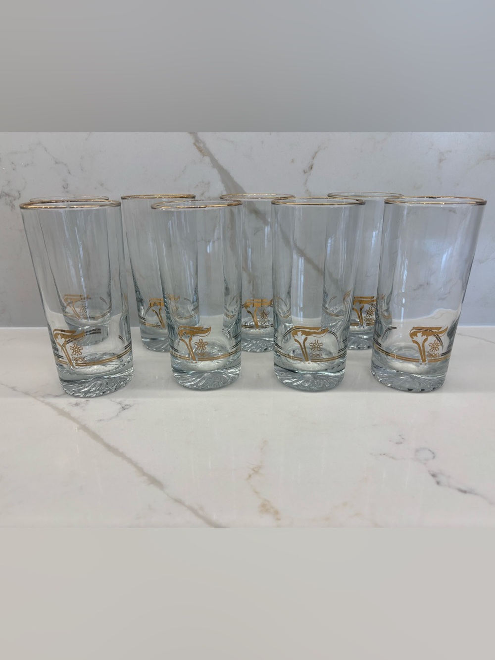 8 Vintage 1988 Calgary Winter Olympics 22K Gold rim Highball Glasses Canada